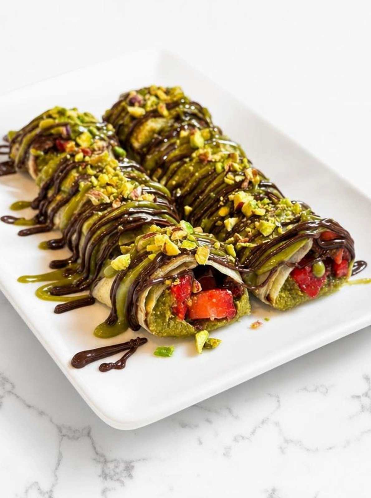 Pistachio sushi rolls made from sliced chocolate crepes
