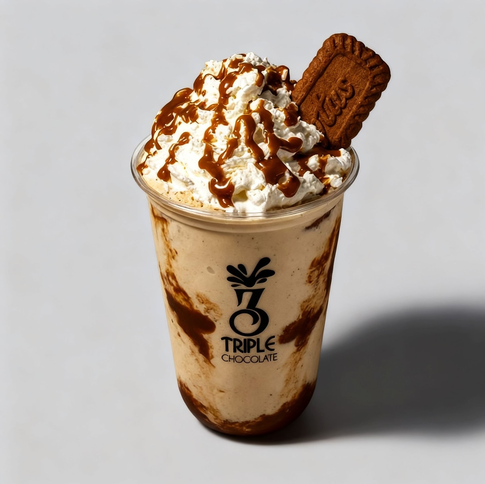 Lotus shake topped with whipped cream and a Biscoff cookie