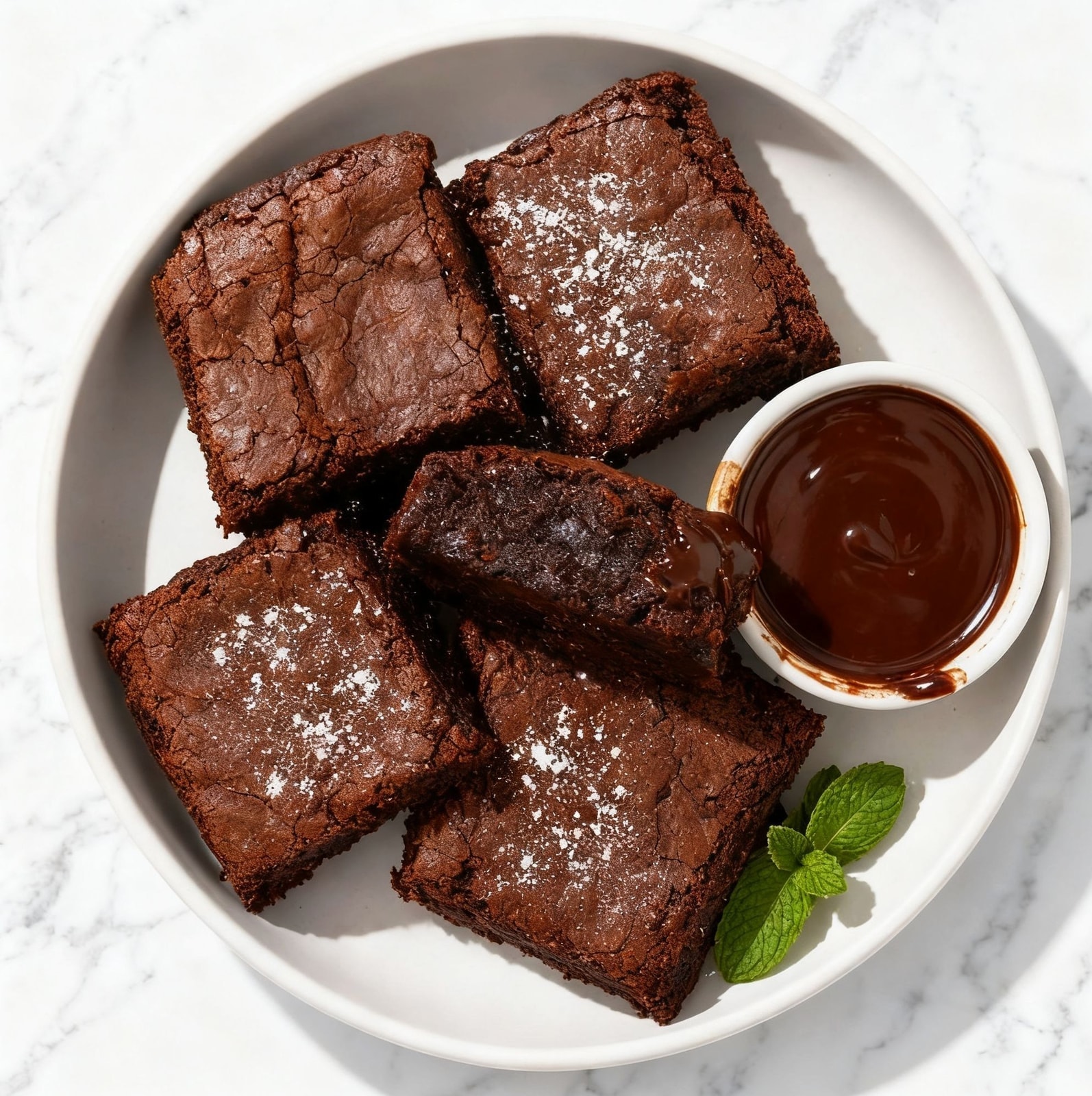 Brownie pieces with a cup of chocolate dipping sauce