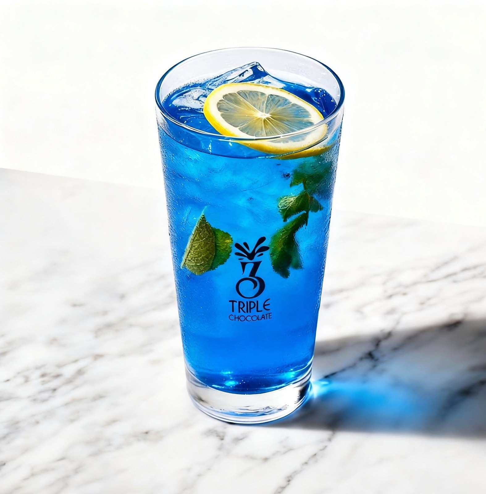 Blue mojito with lemon and mint over ice