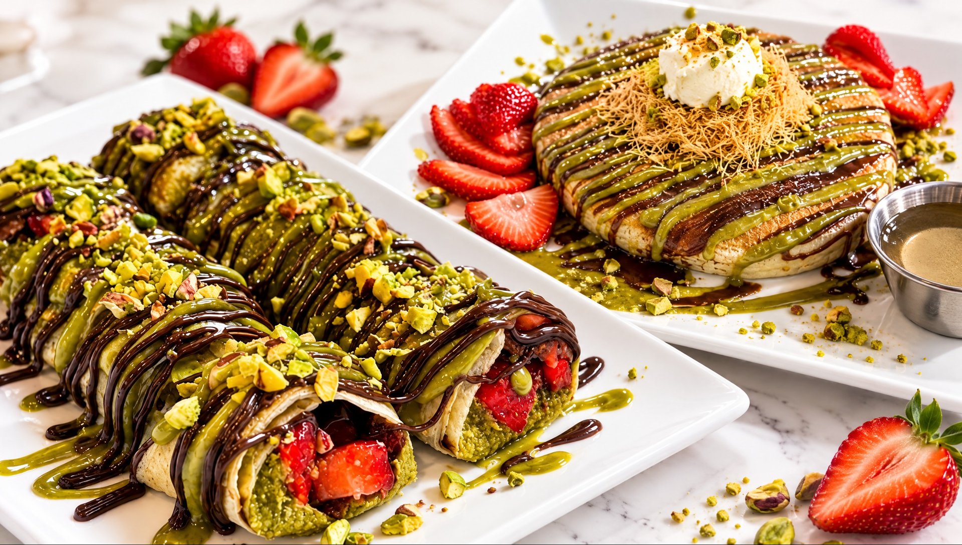 Pistachio crepe rolls with strawberries and chocolate drizzle