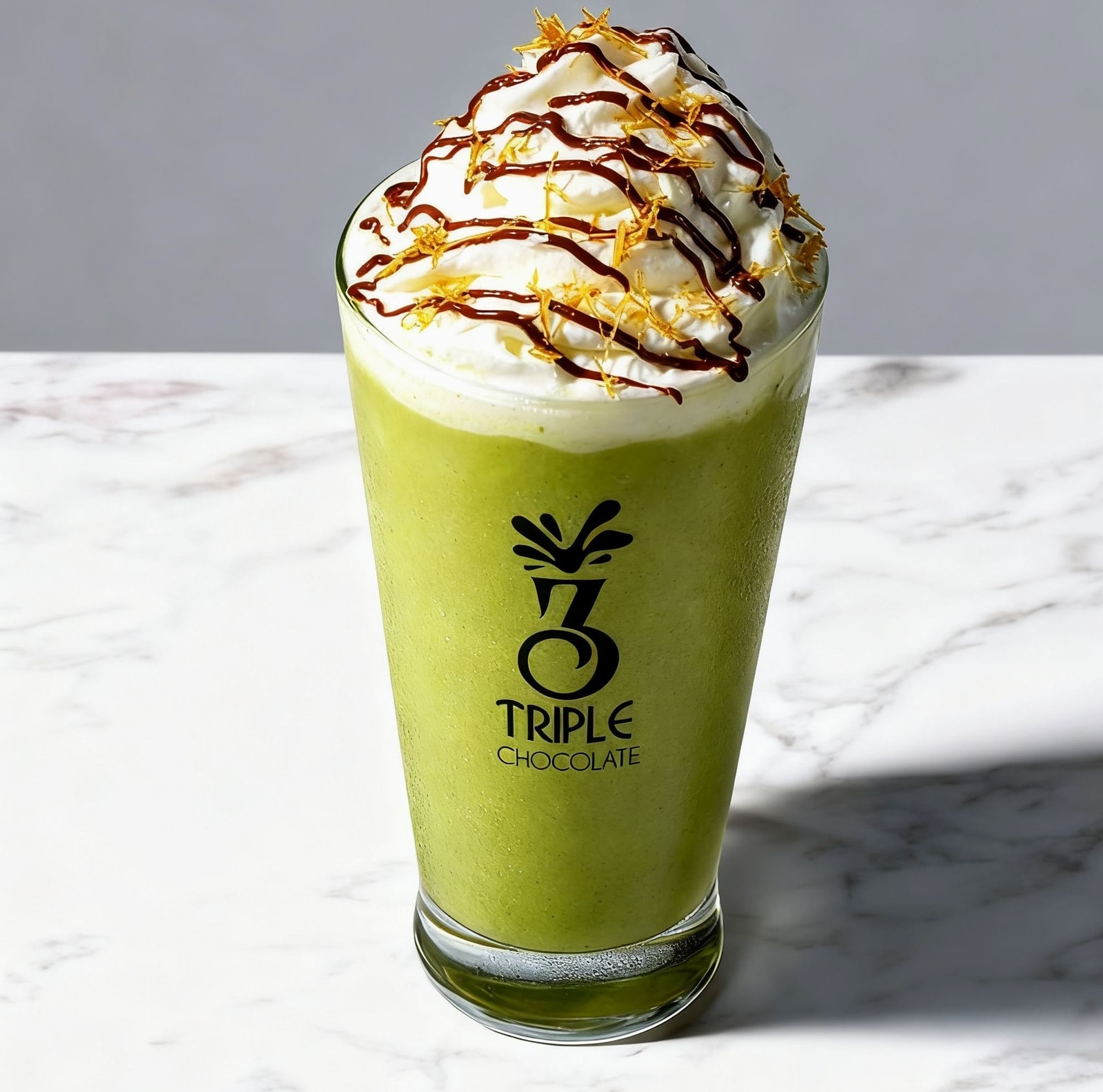 Dubai chocolate shake with whipped cream and chocolate drizzle