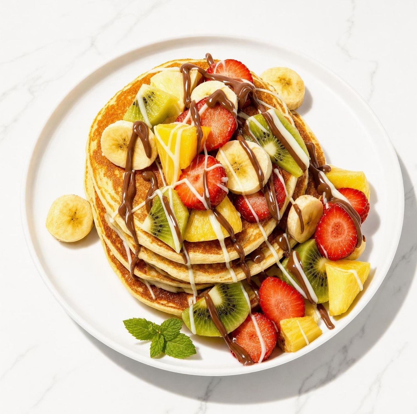 Pancake stack topped with strawberry, banana, kiwi and pineapple
