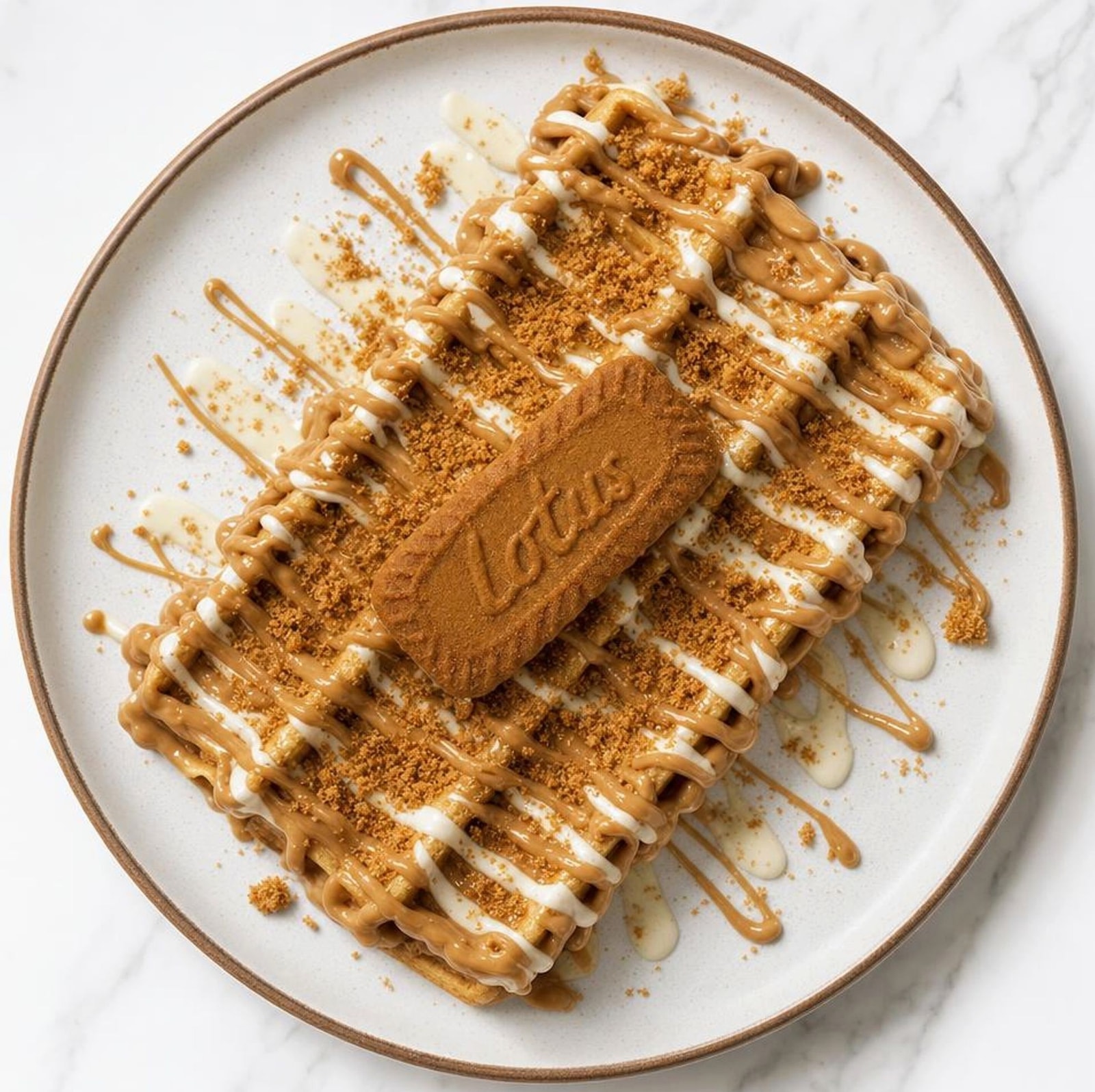 Lotus waffle with Biscoff sauce, cookie crumbs and white chocolate